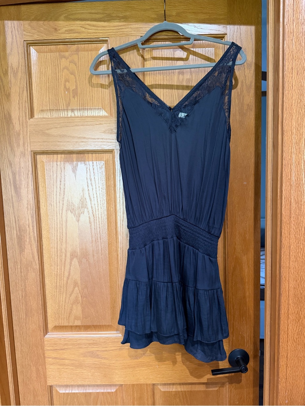 Mustard Seed Black Lace-Trim Tiered Mini Dress